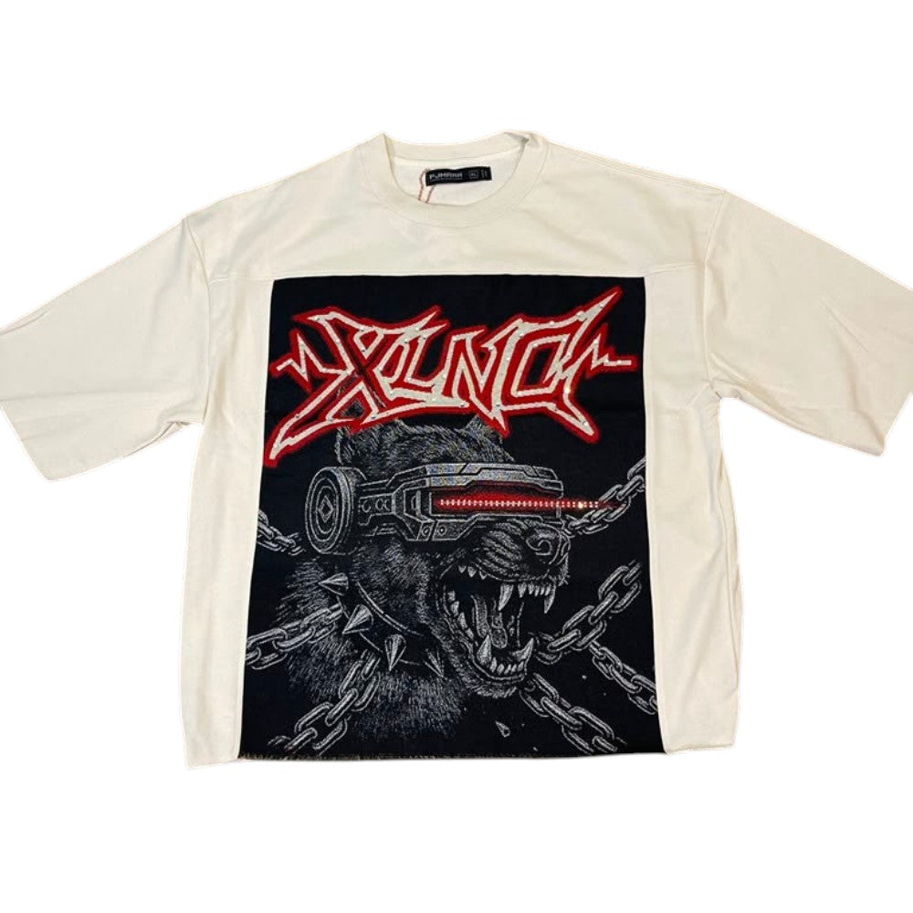 Men Black "Excellence" French Terry Cropped Tee W/Tapestry+Stones