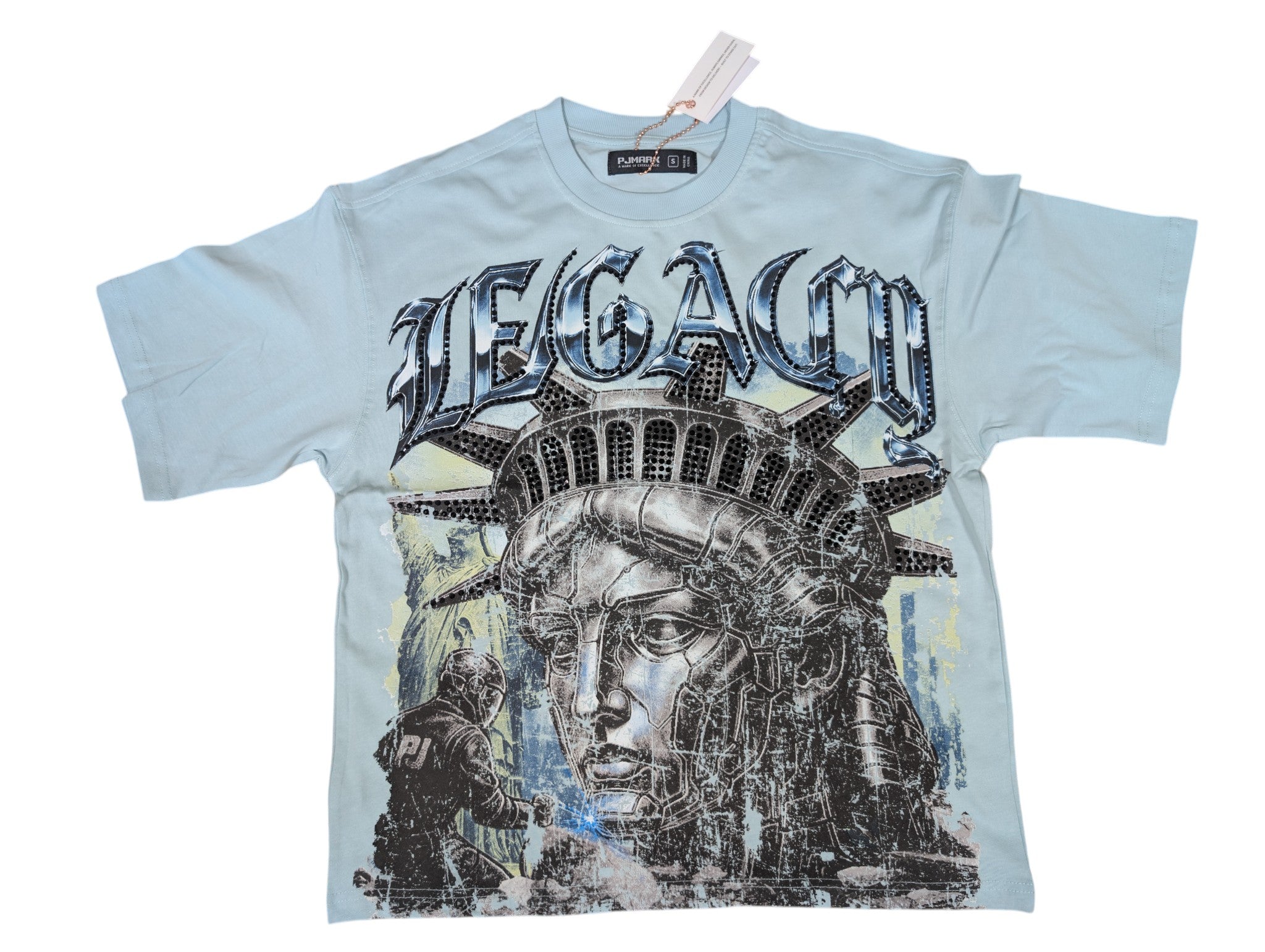 Mint Legacy french terry t shirt with statue of liberty with rhinestone