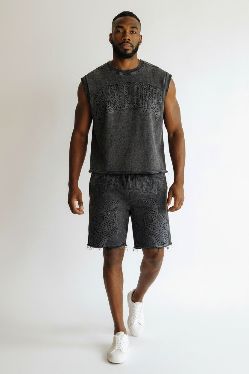 Black saint muscle sleeveless crop french terry  t shirt with matching shorts 