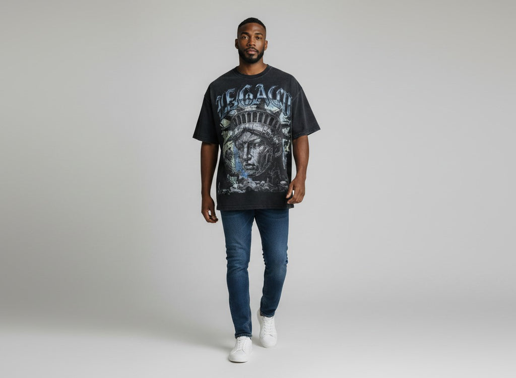 Vintage Black Legacy french terry t shirt with statue of liberty with rhinestone