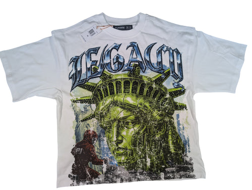 White Legacy french terry t shirt with statue of liberty with rhinestone
