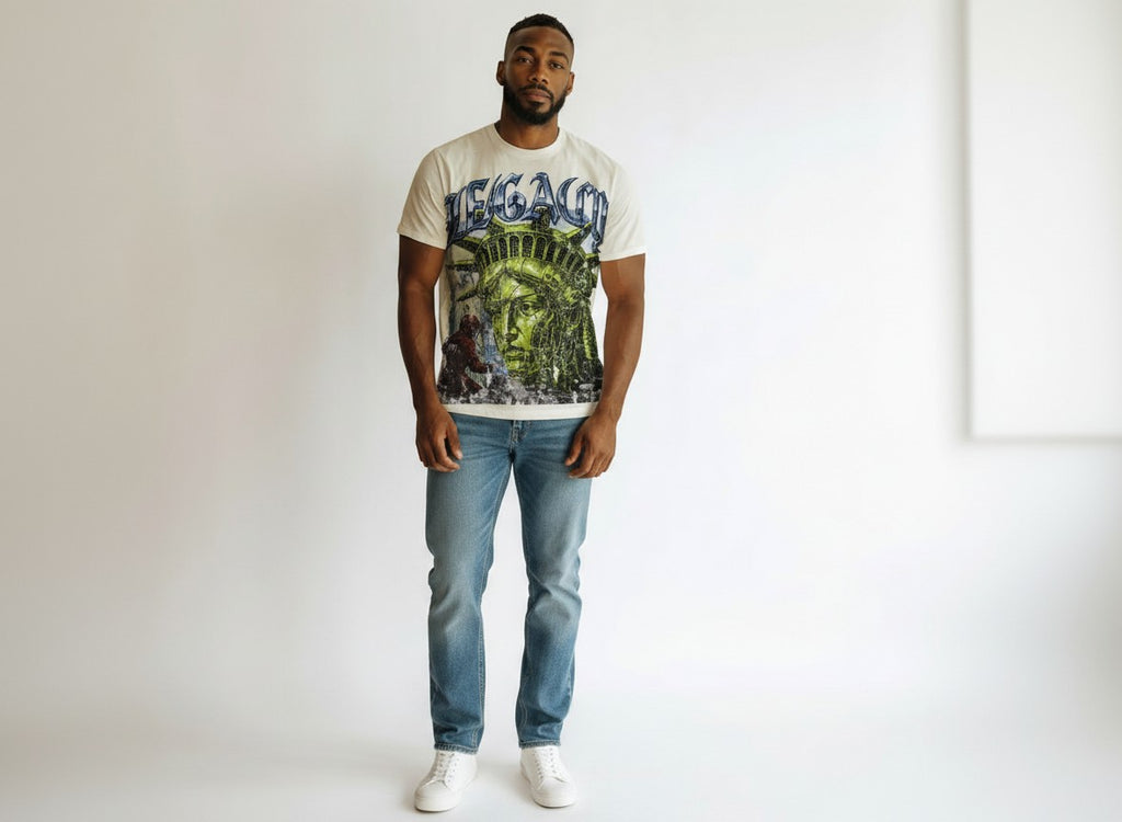 White Legacy french terry t shirt with statue of liberty with rhinestone