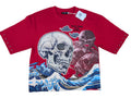 Red  rise from the ashes design french terry  shirt with rhinestone skull and wave in the back ground