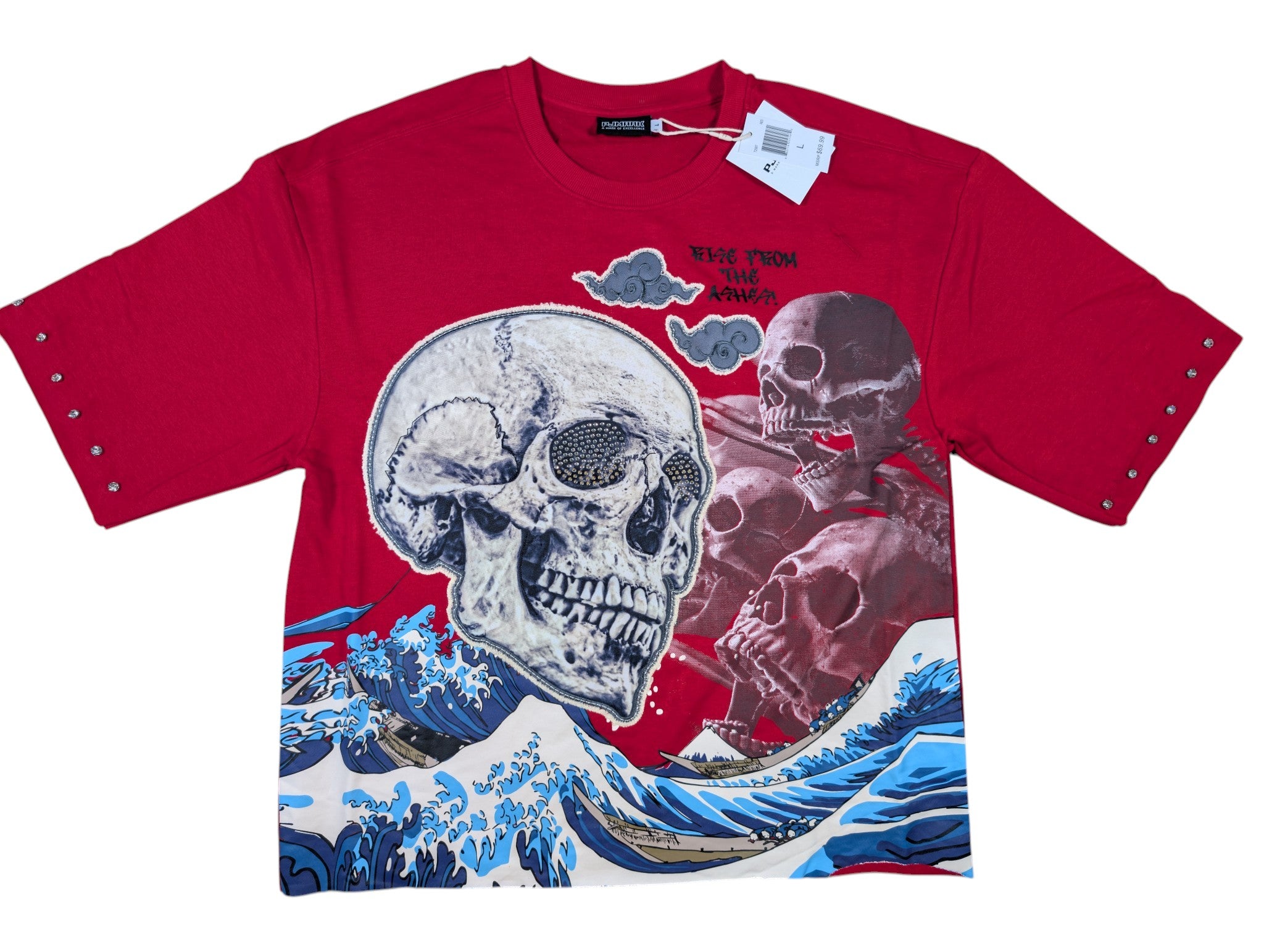 Red  rise from the ashes design french terry  shirt with rhinestone skull and wave in the back ground