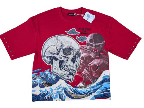 Red  rise from the ashes design french terry  shirt with rhinestone skull and wave in the back ground