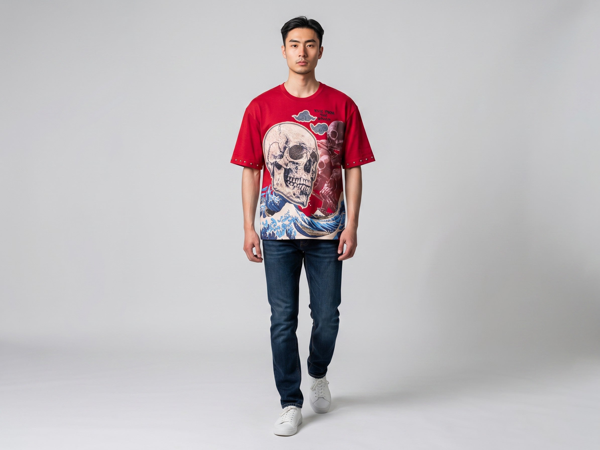 Red  rise from the ashes design french terry  shirt with rhinestone skull and wave in the back ground