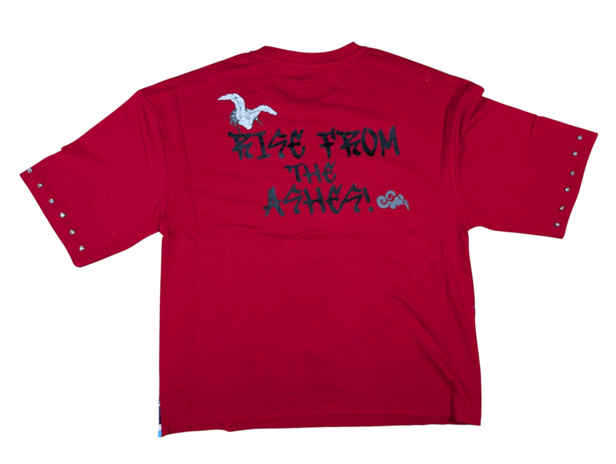 Red  rise from the ashes design french terry  shirt with rhinestone skull and wave in the back ground