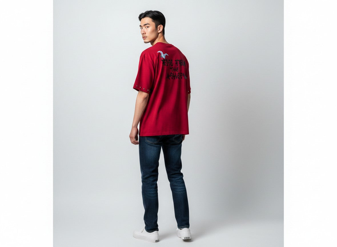 Red  rise from the ashes design french terry  shirt with rhinestone skull and wave in the back ground