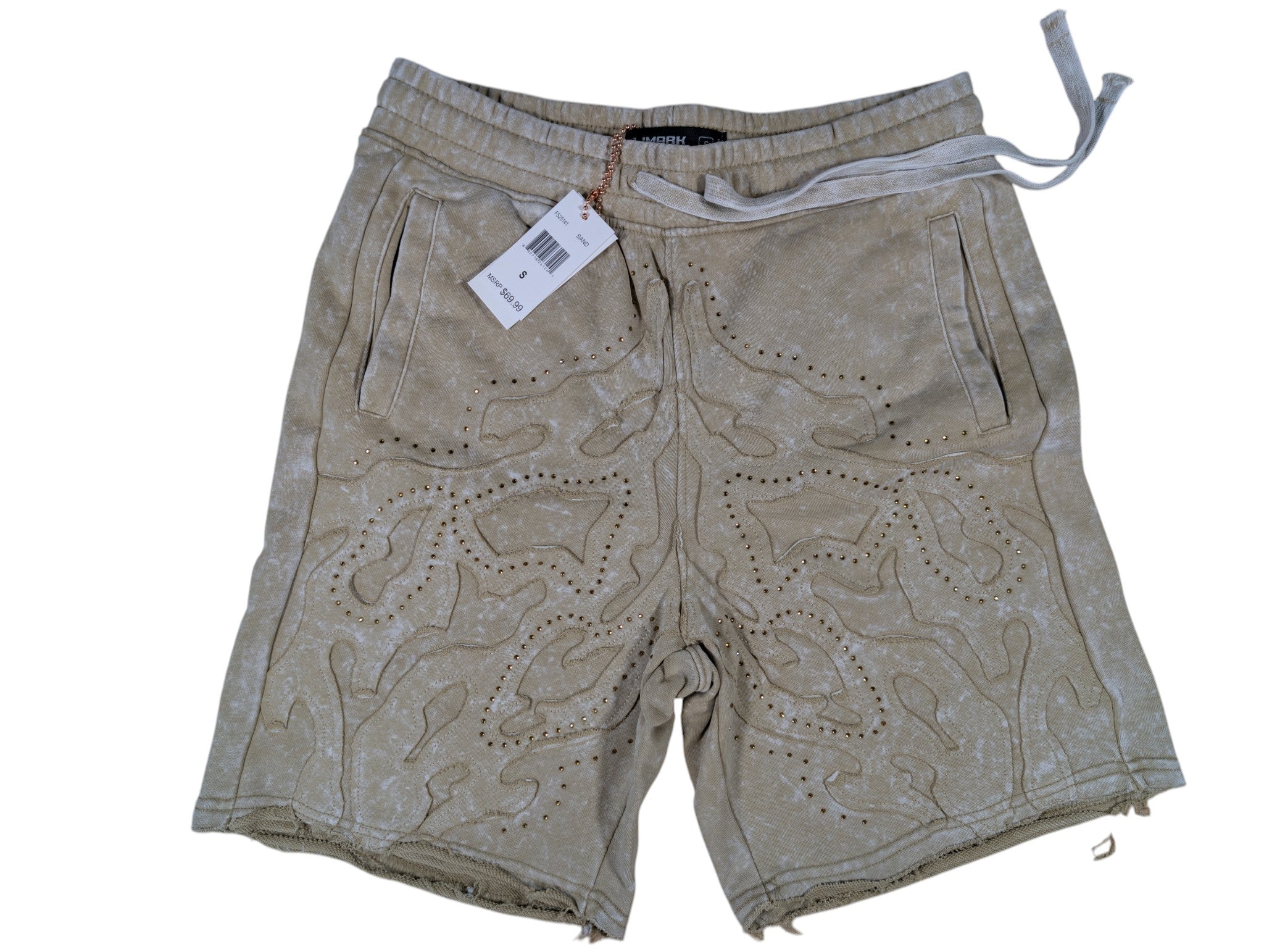 Men "Tattoo" Style Acid Wash French Terry Shorts W/Rhinestone