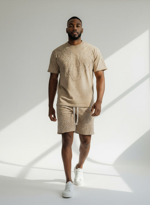 Sand Tattoo style french terry t shirt with matching shorts