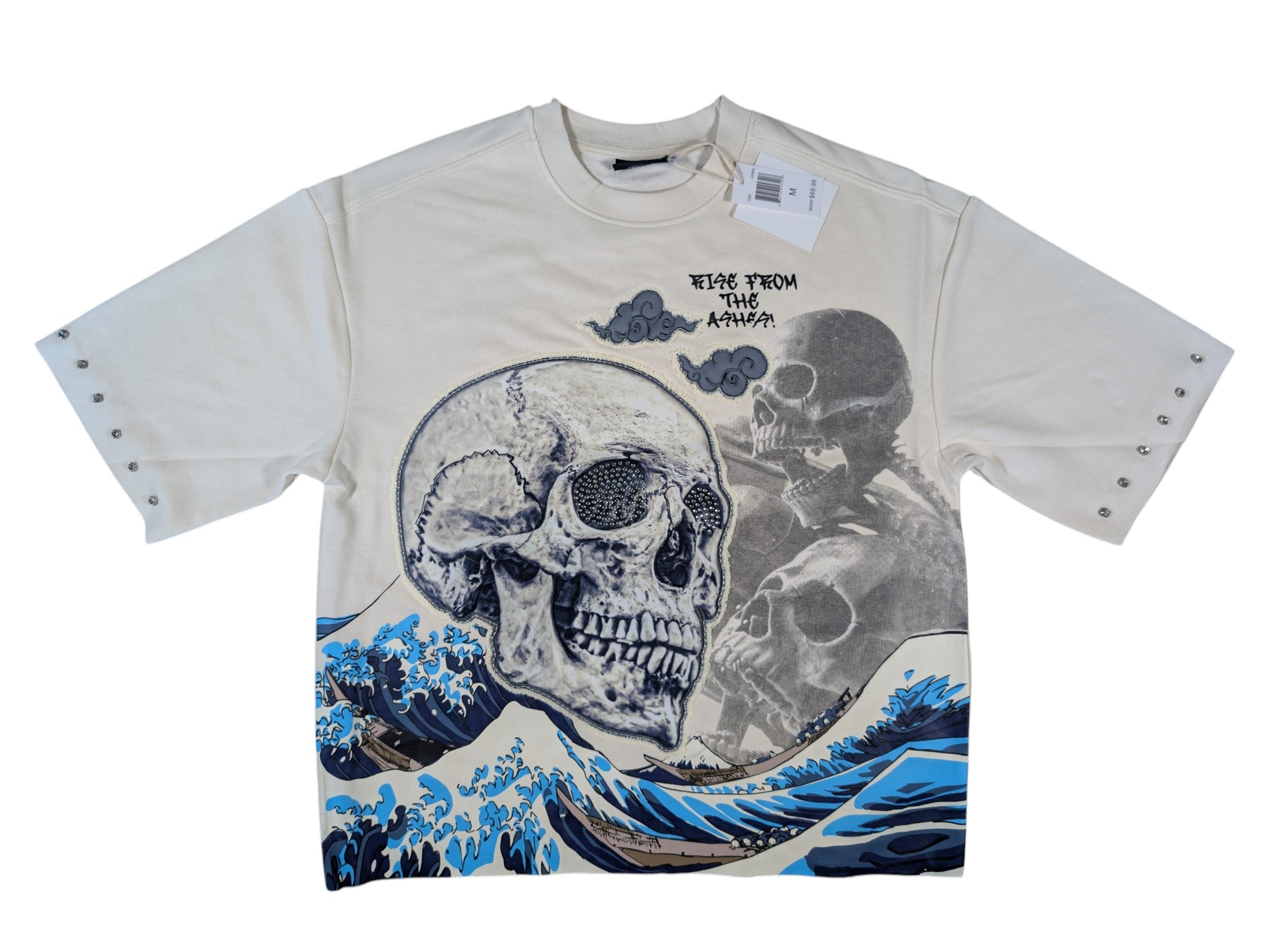 OatMeal rise from the ashes design french terry  shirt with rhinestone skull and wave in the back ground