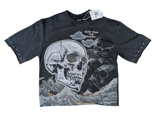 Vintage Black  rise from the ashes design french terry  shirt with rhinestone skull and wave in the back ground