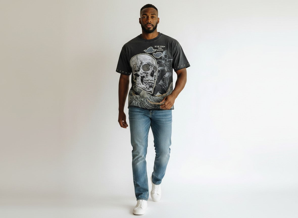 Vintage Black rise from the ashes design french terry  shirt with rhinestone skull and wave in the back ground