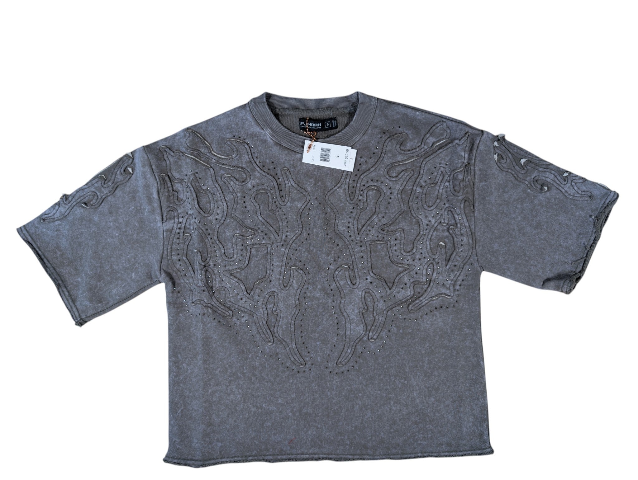 Men "Tattoo" Style Acid Wash French Terry Tee W/Rhinestone