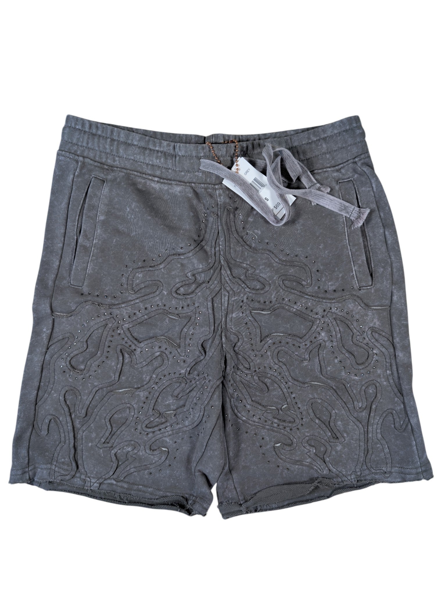 Men "Tattoo" Style Acid Wash French Terry Shorts W/Rhinestone