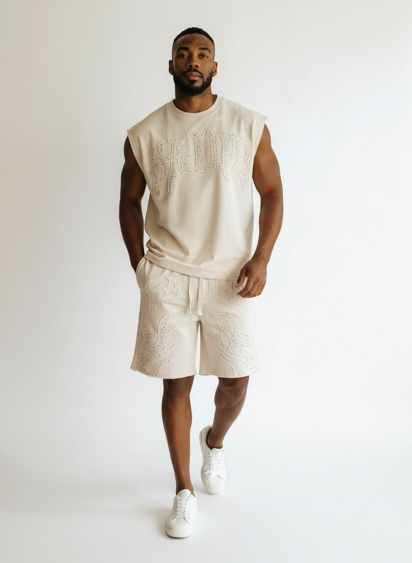 Bone Ash saint muscle sleeveless crop french terry  t shirt with matching shorts 