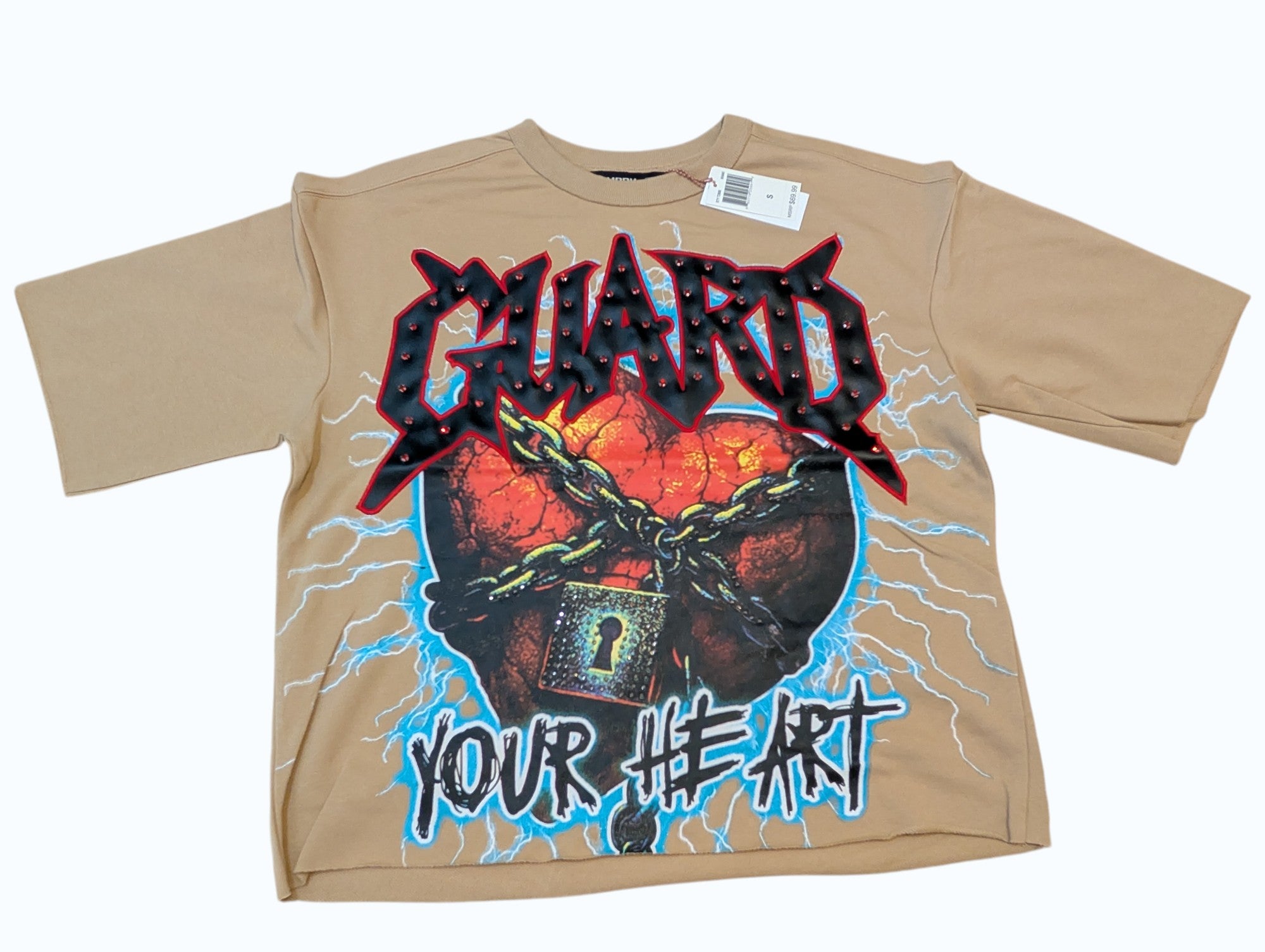 Men White "Guard Your Heart" French Terry Crop Tee W/ Stones