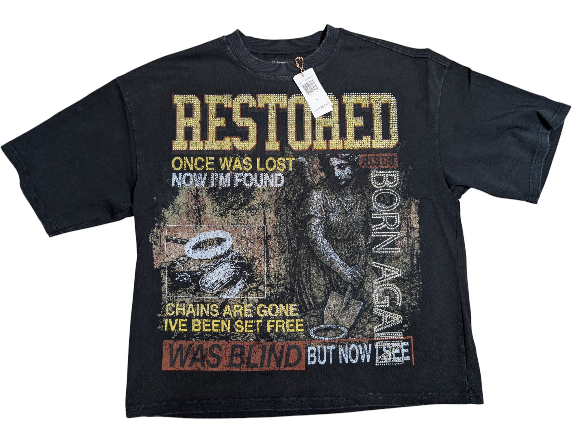 Men "RESTORED" OVERSIZE TEE W/Transparent Stones