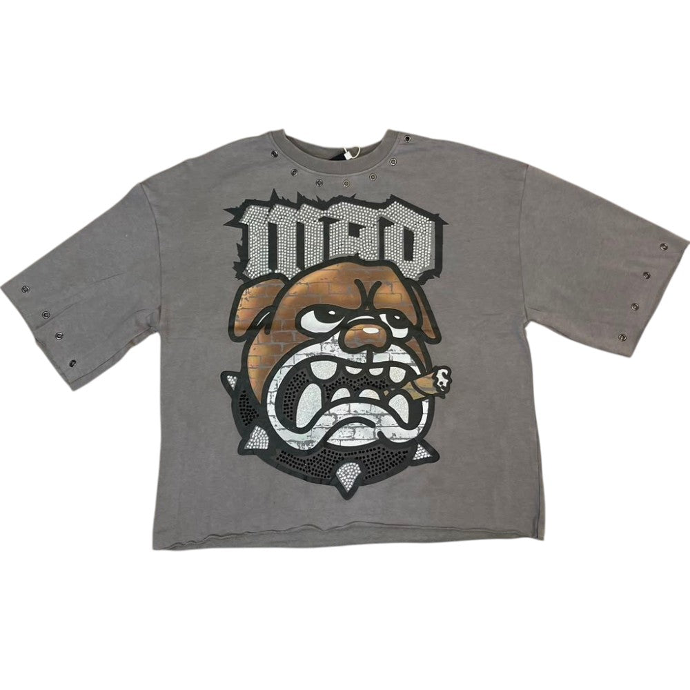 Men  Vintage Grey "Mad" French Terry Crop Tee W/ Glass Stone+RhineStone+Metal Eyelet