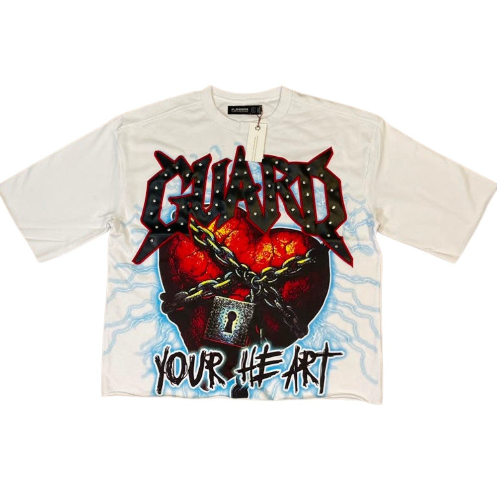 Men White "Guard Your Heart" French Terry Crop Tee W/ Stones