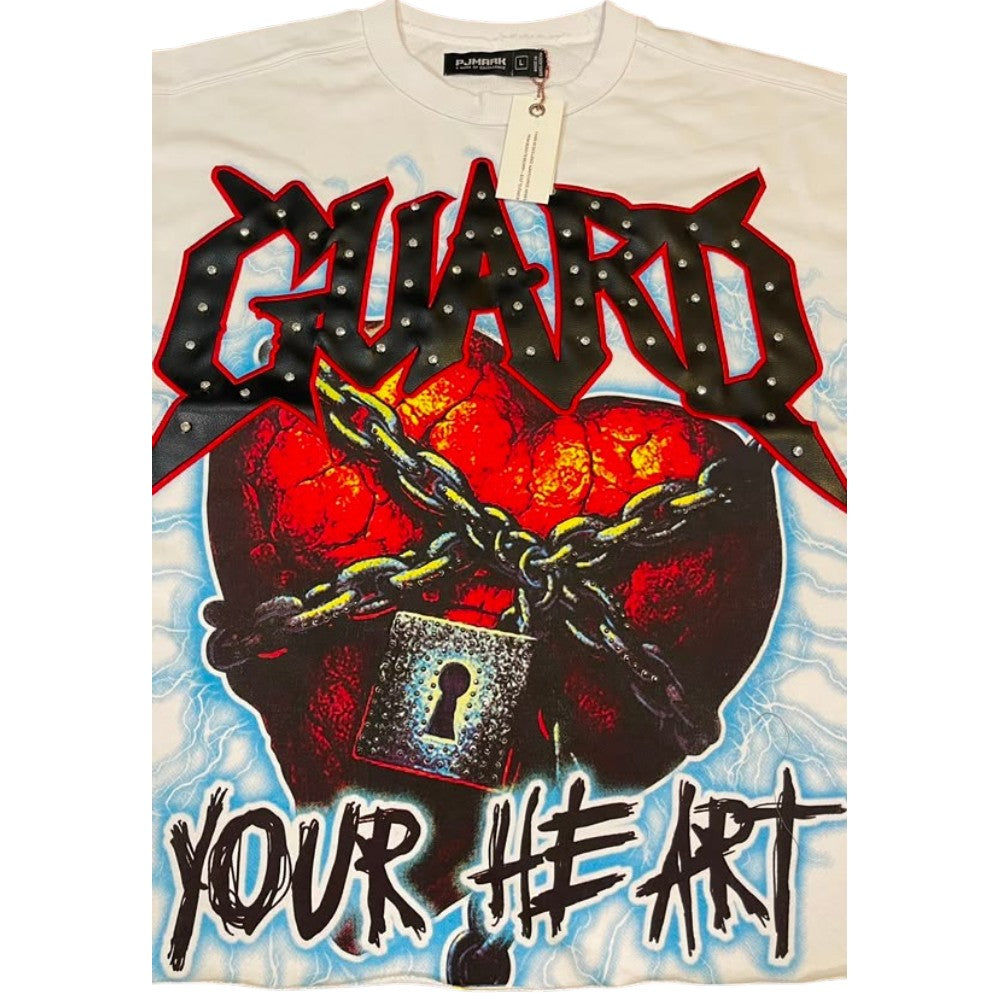 Men White "Guard Your Heart" French Terry Crop Tee W/ Stones