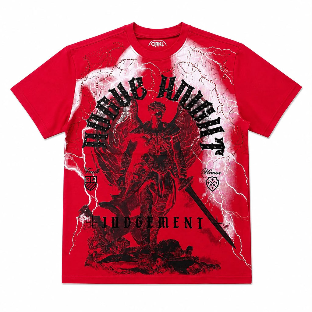 men "Rogue Knight" Red Graphic Tee – Heavyweight Lightning Archangel Judgement T-Shirt