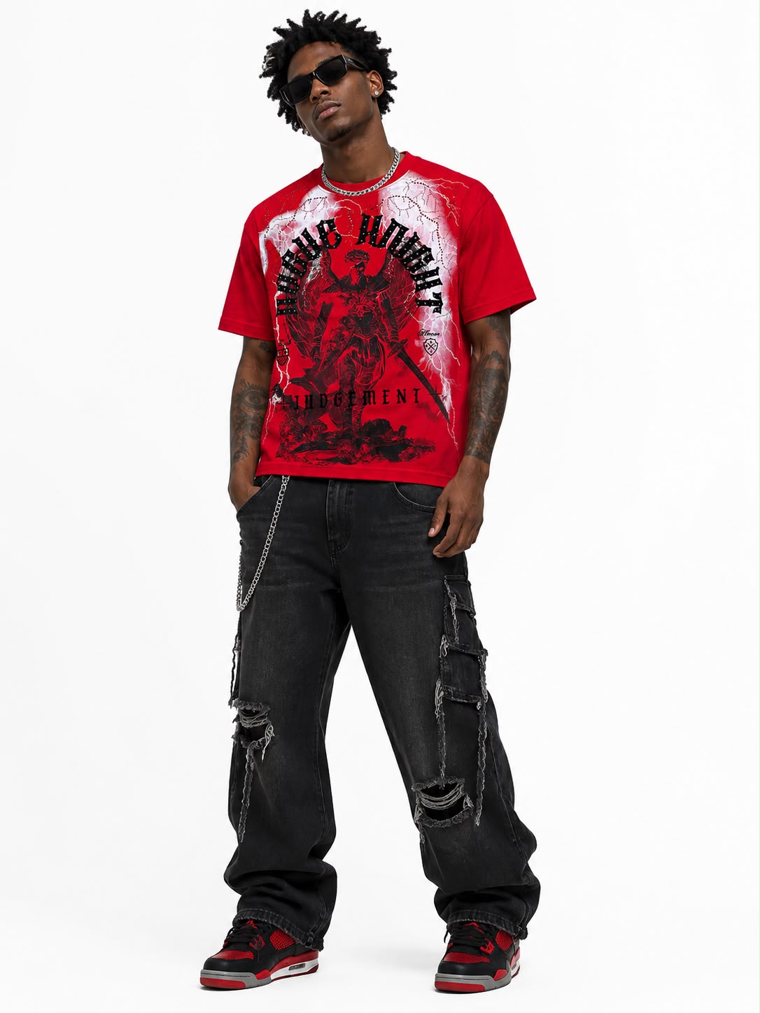 men "Rogue Knight" Red Graphic Tee – Heavyweight Lightning Archangel Judgement T-Shirt
