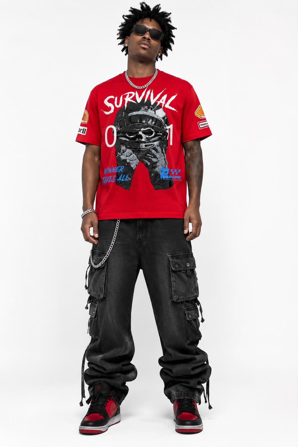Men "SURVIVAL 01" Graphic Tee – Black Heavyweight Streetwear Racing T-Shirt