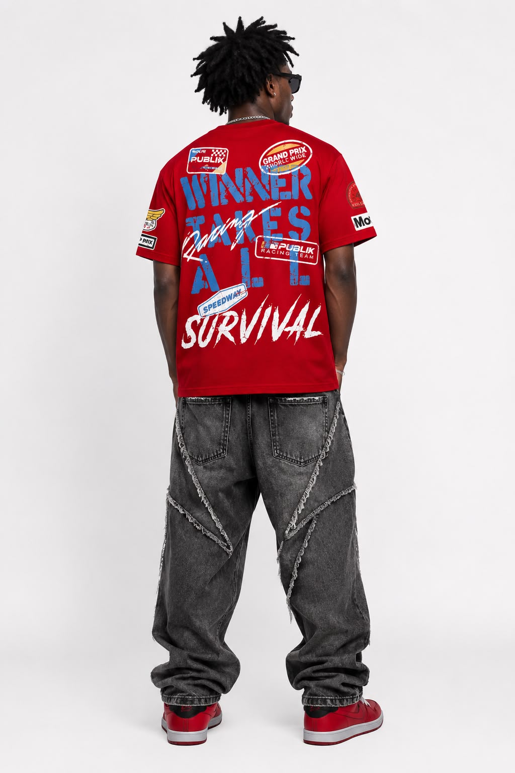 Men "SURVIVAL 01" Graphic Tee – Black Heavyweight Streetwear Racing T-Shirt