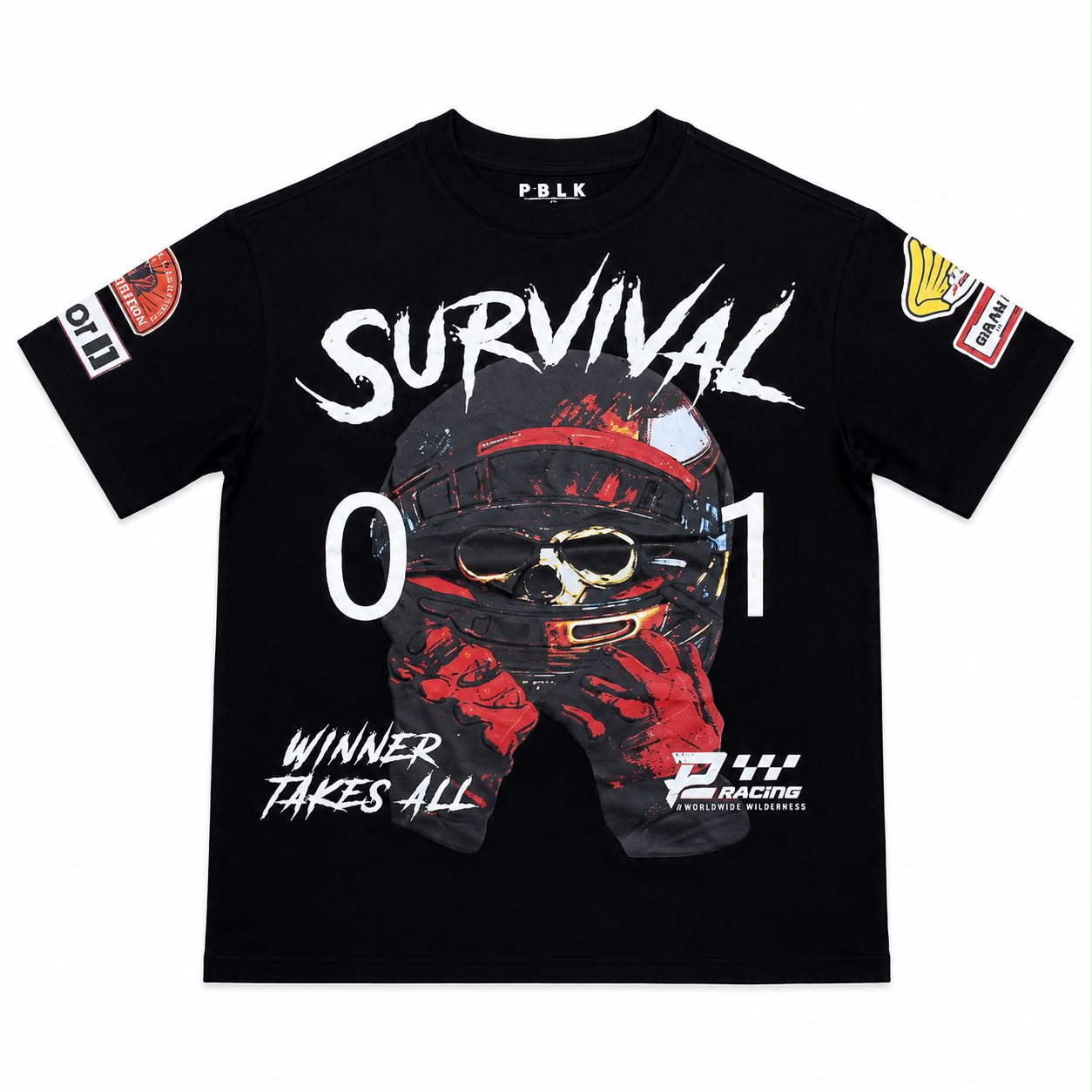 Men "SURVIVAL 01" Graphic Tee – Black Heavyweight Streetwear Racing T-Shirt