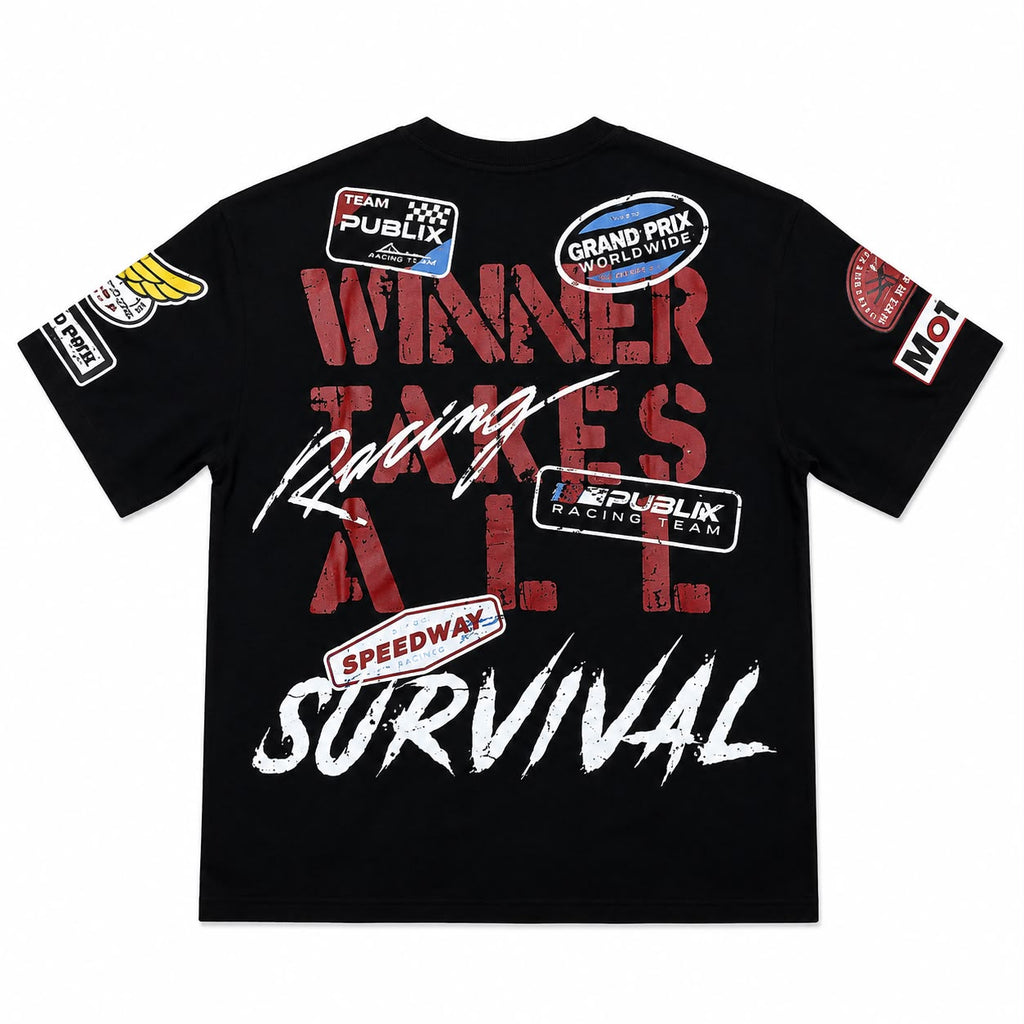 Men "SURVIVAL 01" Graphic Tee – Black Heavyweight Streetwear Racing T-Shirt