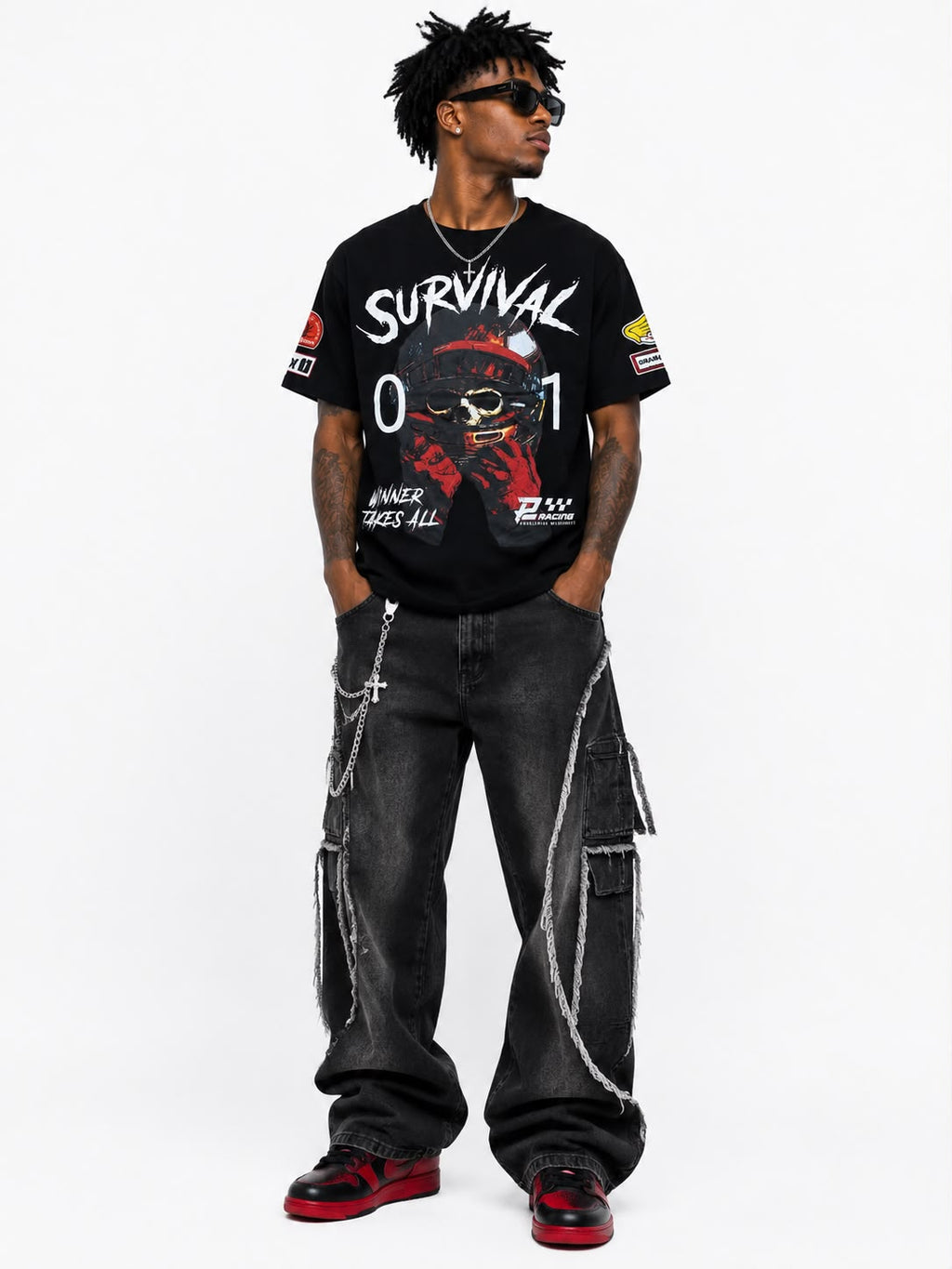 Men "SURVIVAL 01" Graphic Tee – Black Heavyweight Streetwear Racing T-Shirt