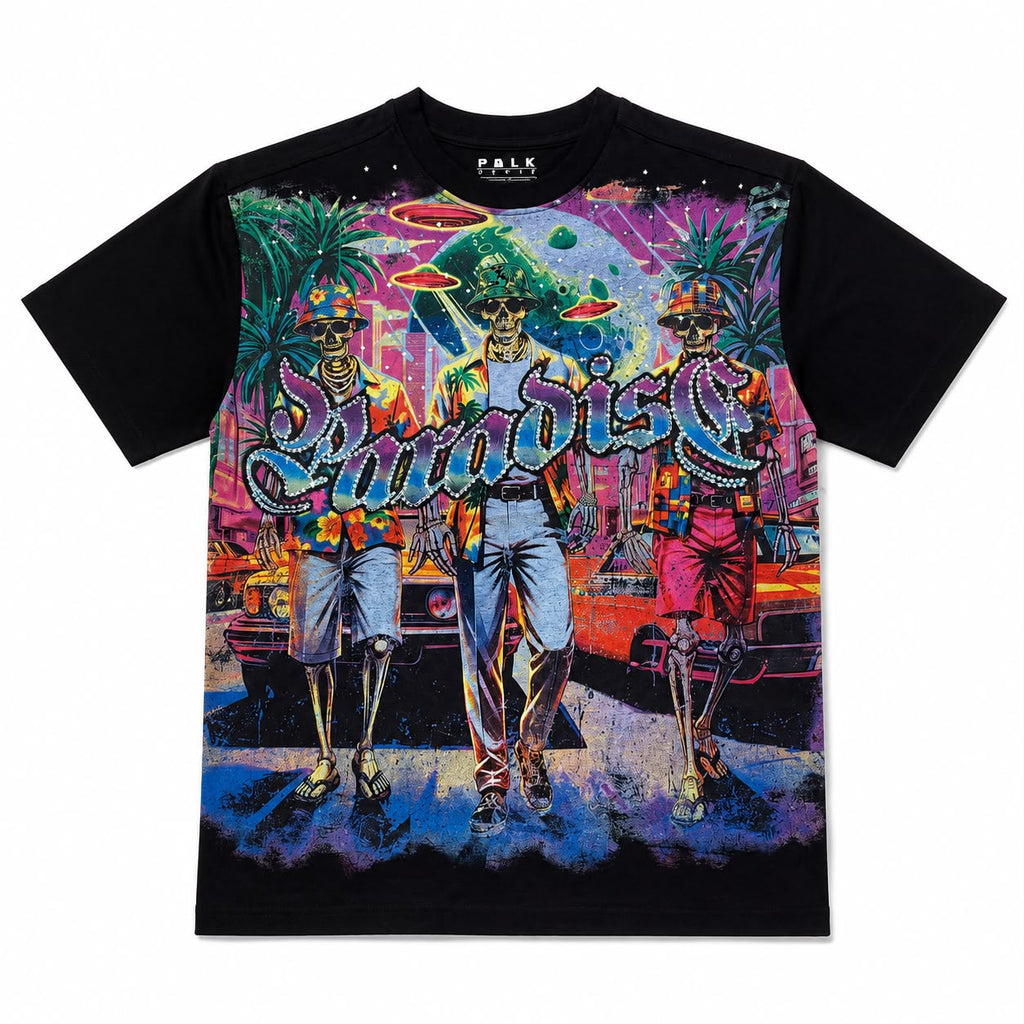 Men "Cosmic Paradise" Graphic Tee Regular Fit– Black Y2K Cyberpunk Skeleton Streetwear Heavy Weight T-shirt