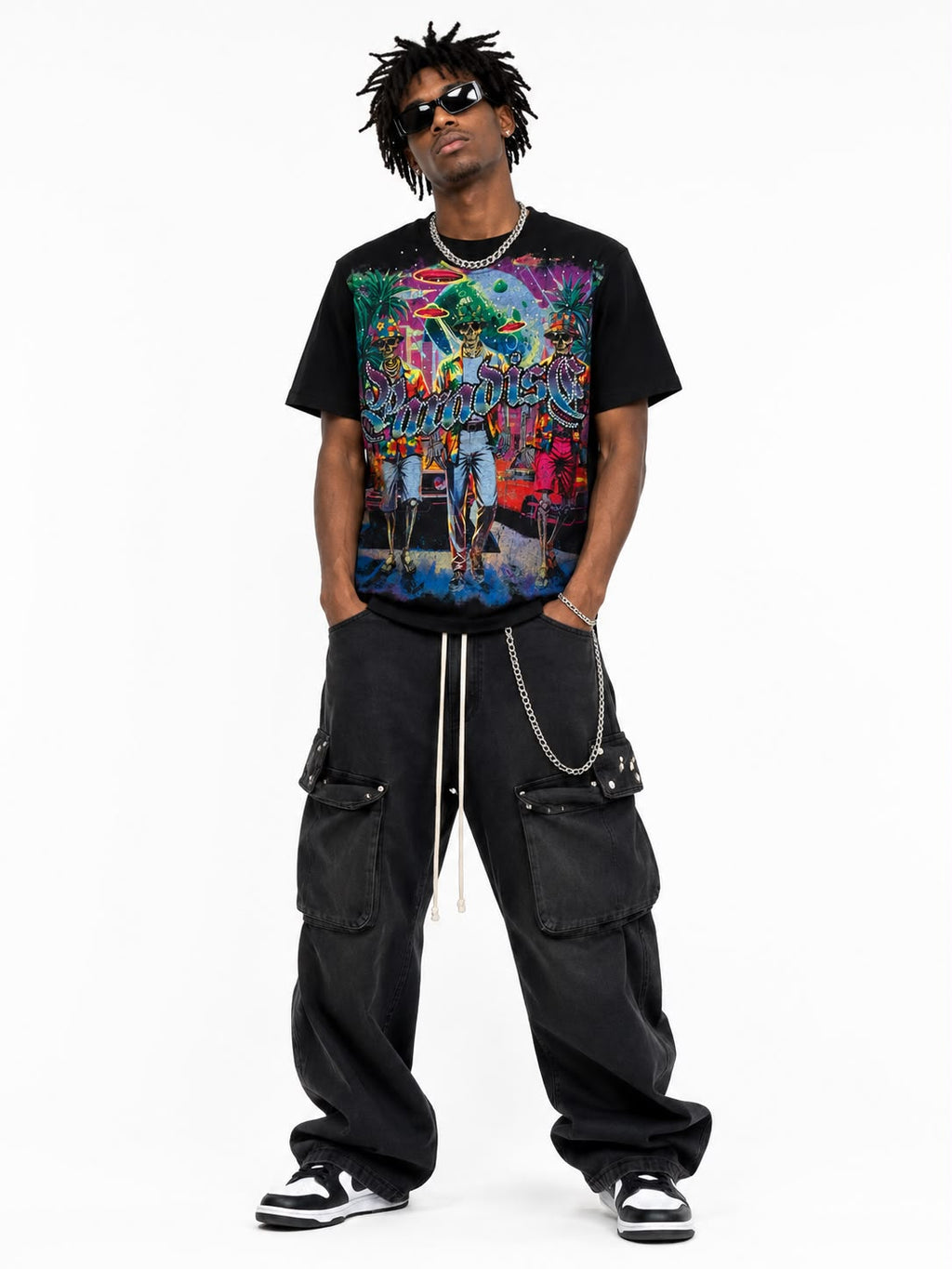 Men "Cosmic Paradise" Graphic Tee Regular Fit– Black Y2K Cyberpunk Skeleton Streetwear Heavy Weight T-shirt