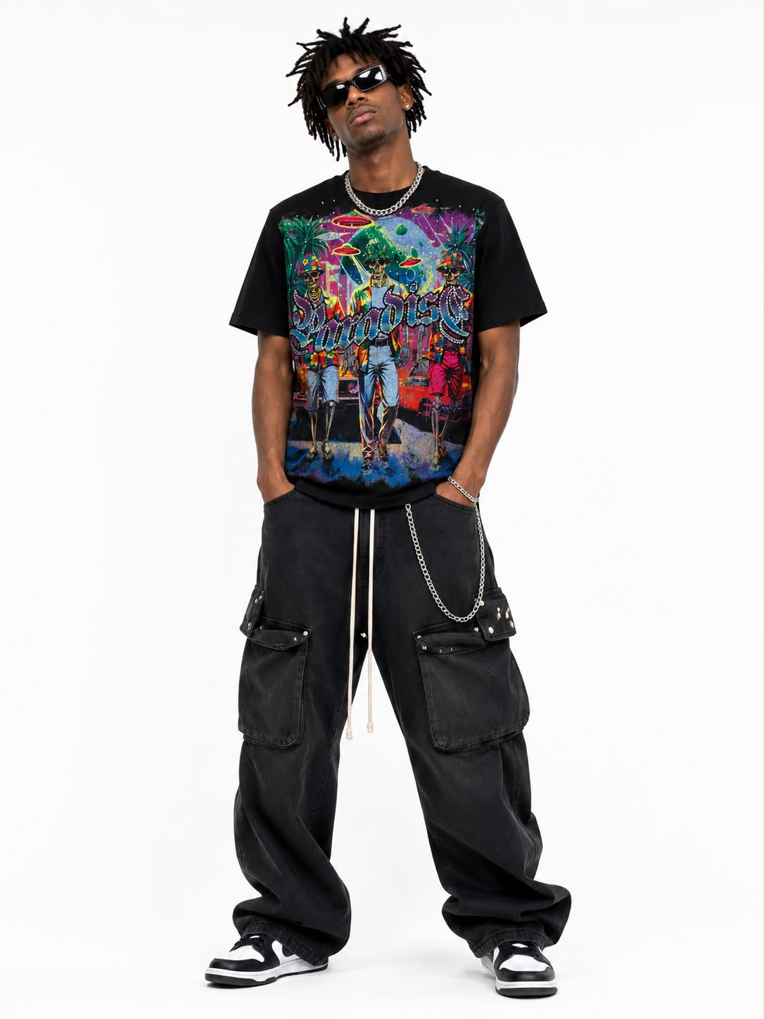 Men "Cosmic Paradise" Graphic Tee Regular Fit– Black Y2K Cyberpunk Skeleton Streetwear Heavy Weight T-shirt