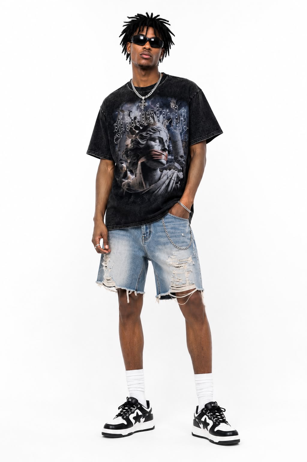 Men over sized "Sinister" Vintage Graphic Tee – Heavyweight Washed Streetwear Rhinestone T-Shirt