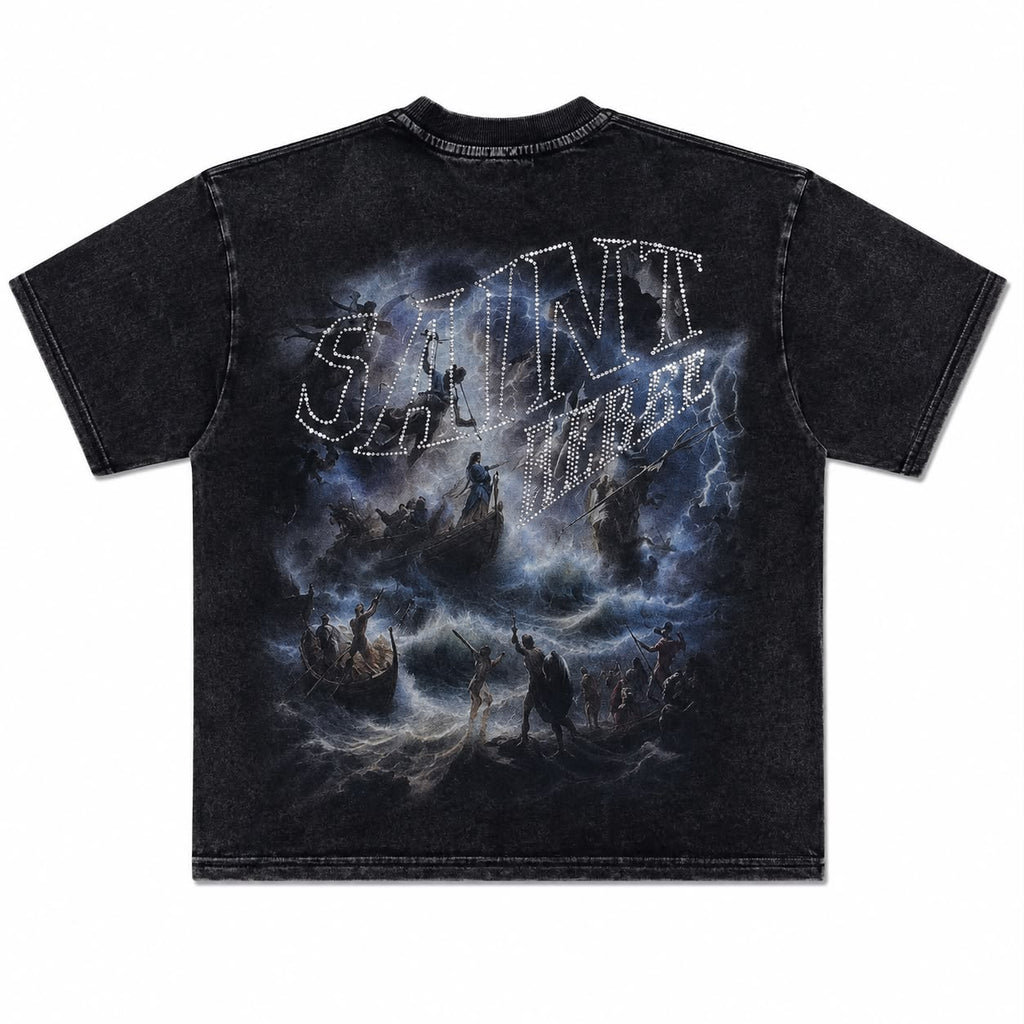 Men over sized "Sinister" Vintage Graphic Tee – Heavyweight Washed Streetwear Rhinestone T-Shirt