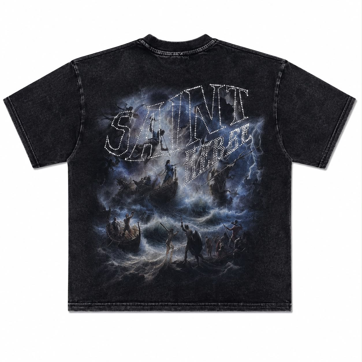 Men over sized "Sinister" Vintage Graphic Tee – Heavyweight Washed Streetwear Rhinestone T-Shirt