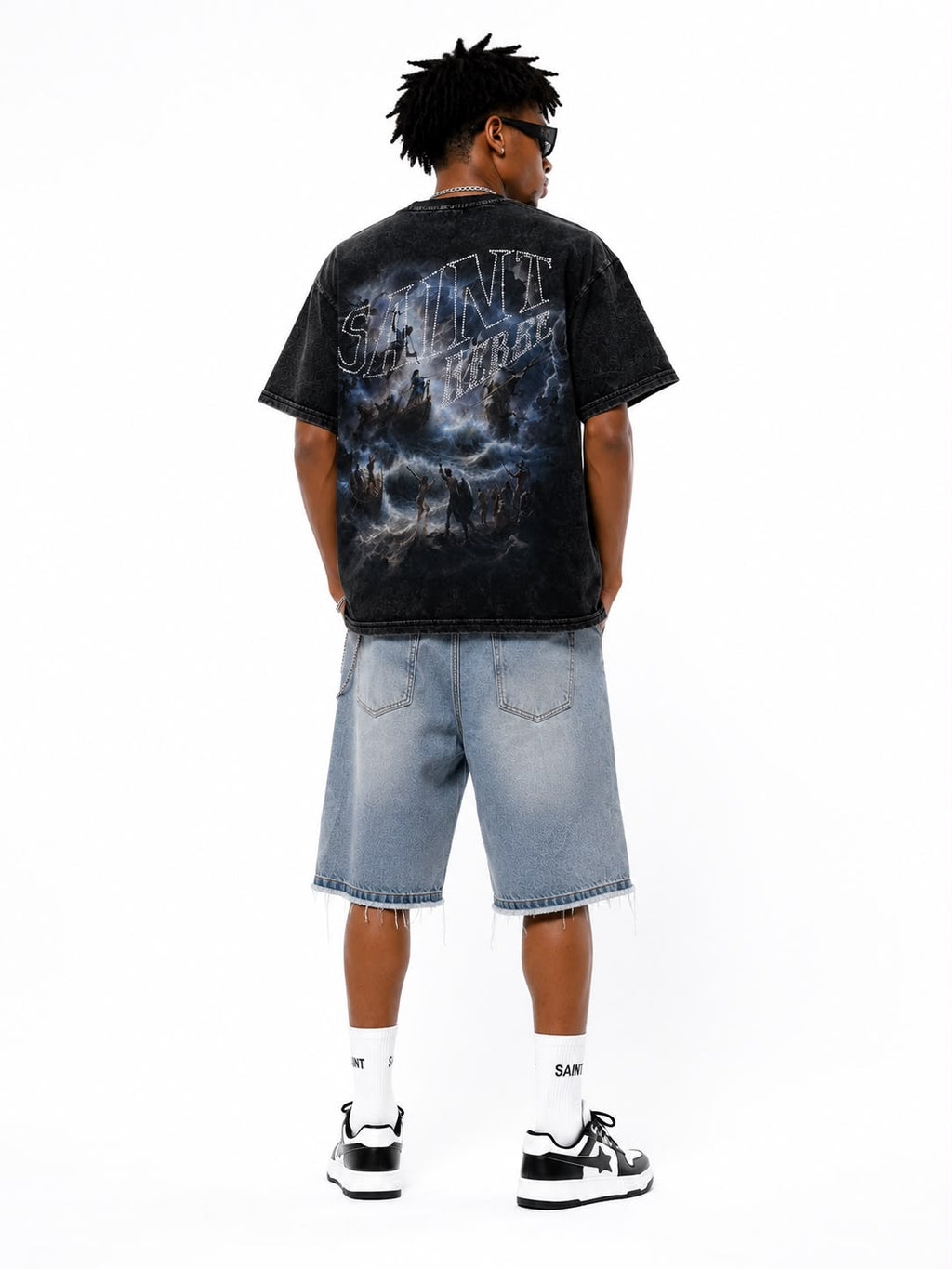 Men over sized "Sinister" Vintage Graphic Tee – Heavyweight Washed Streetwear Rhinestone T-Shirt
