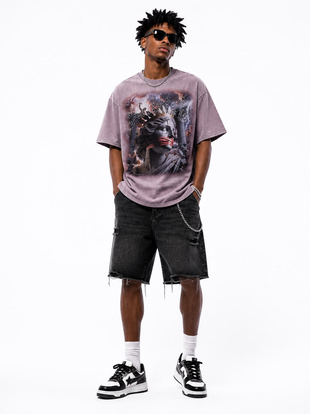 Men over sized "Sinister" Vintage Graphic Tee – Heavyweight Washed Streetwear Rhinestone T-Shirt