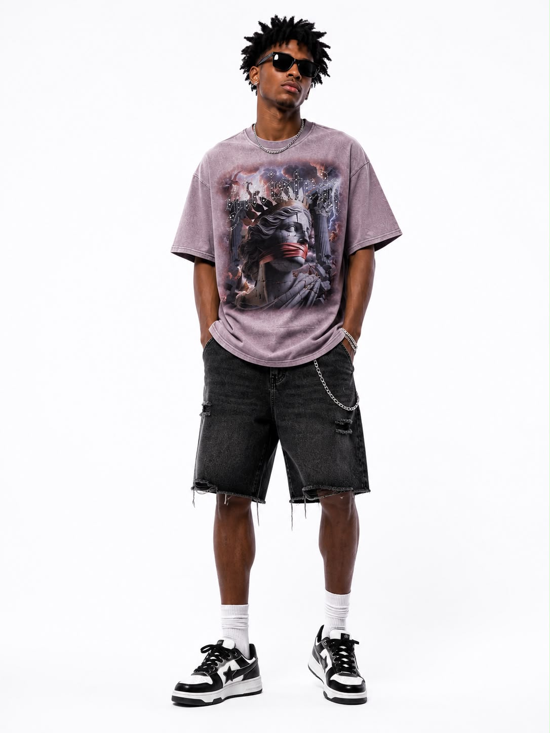 Men over sized "Sinister" Vintage Graphic Tee – Heavyweight Washed Streetwear Rhinestone T-Shirt