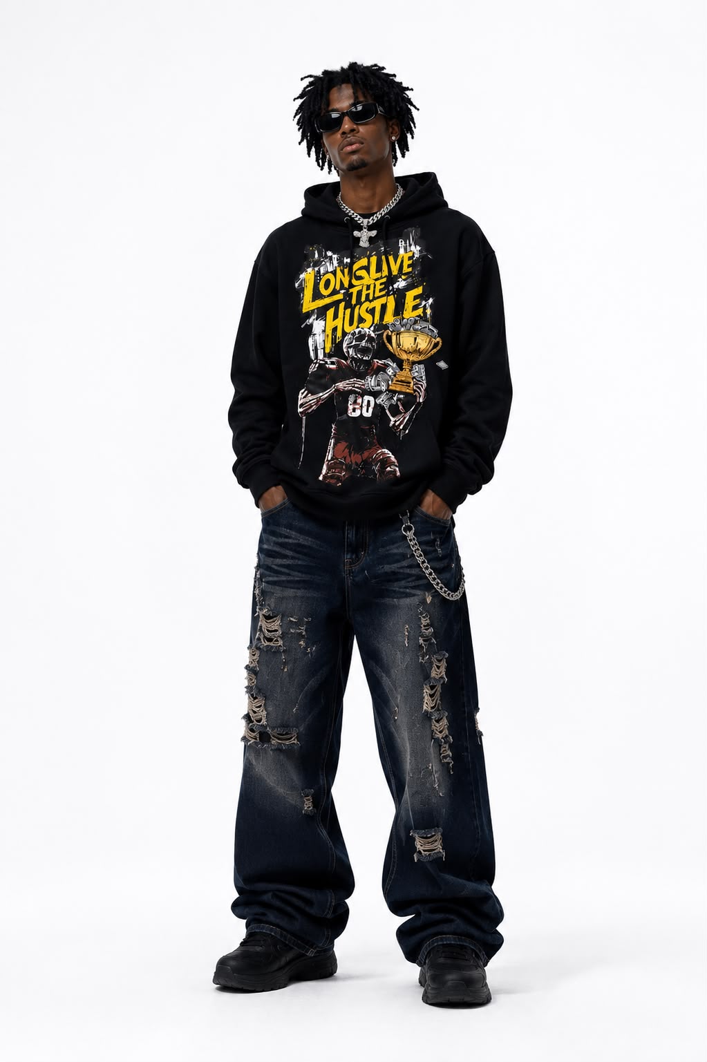 Men "Long Live The Hustle" Graphic Hoodie – Black Heavyweight Football Skull Pull-Over