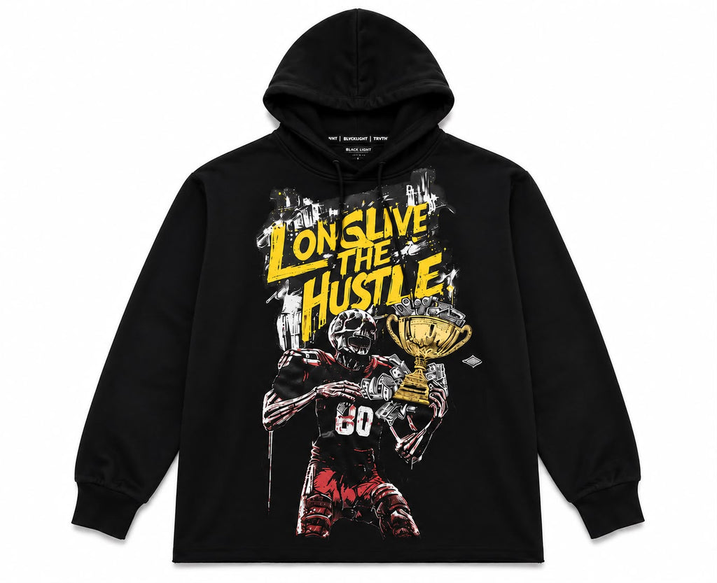 Men "Long Live The Hustle" Graphic Hoodie – Black Heavyweight Football Skull Pull-Over