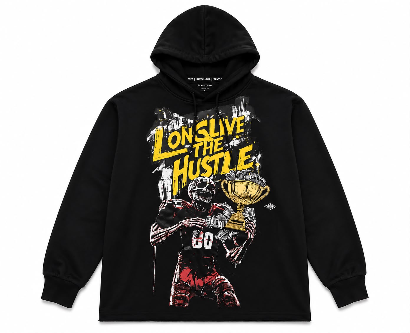 Men "Long Live The Hustle" Graphic Hoodie – Black Heavyweight Football Skull Pull-Over
