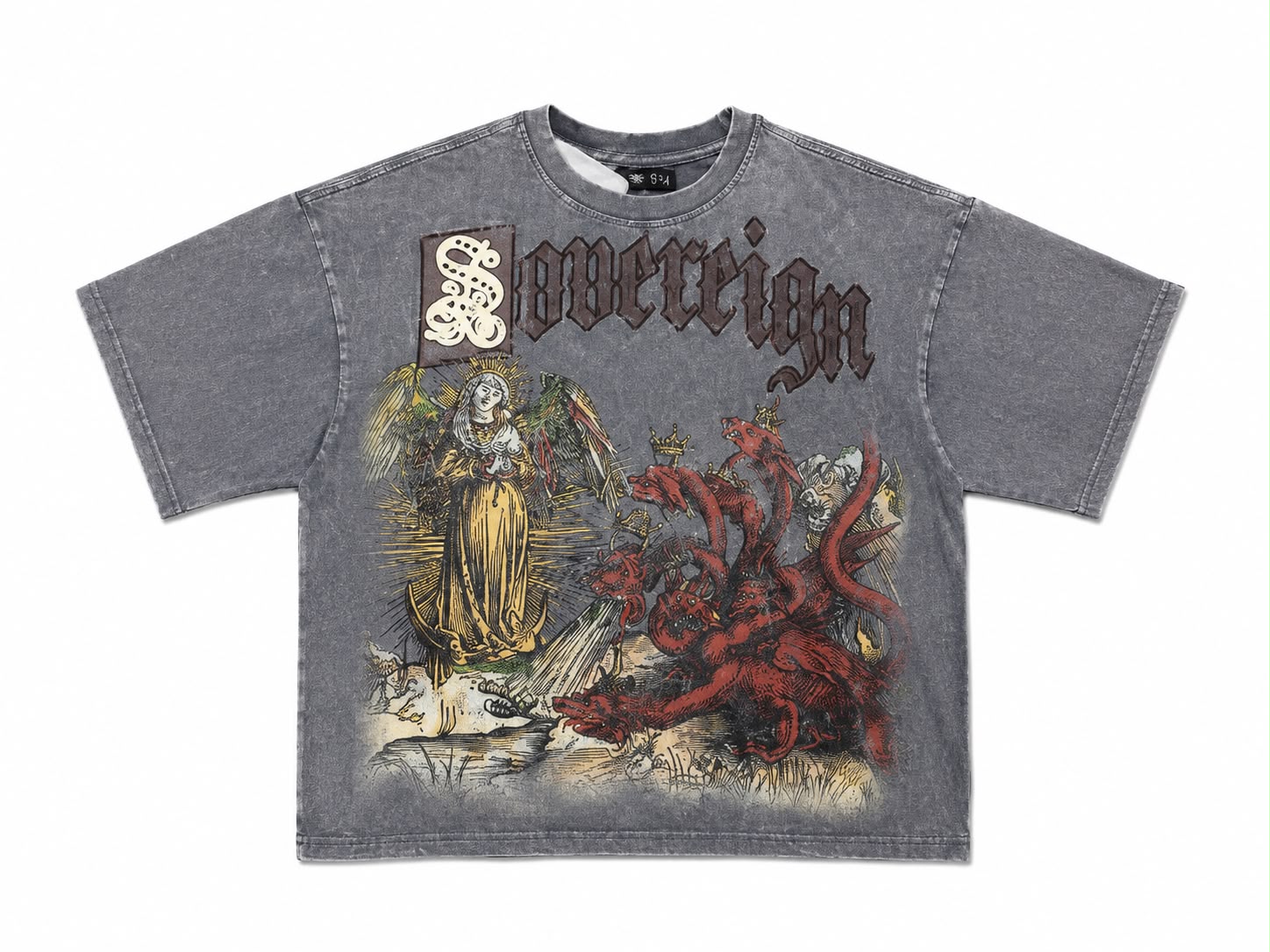 Men Sovereign Revelation 12 Graphic Tee - Washed Gothic Angel & Demon T-Shirt
