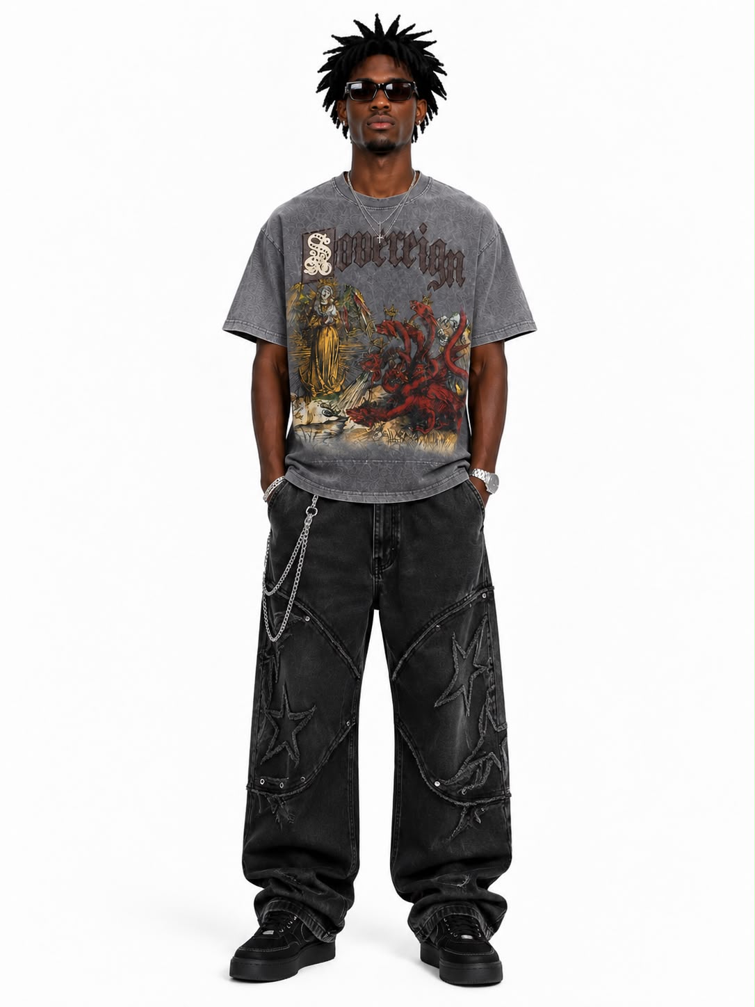 Men Sovereign Revelation 12 Graphic Tee - Washed Gothic Angel & Demon T-Shirt