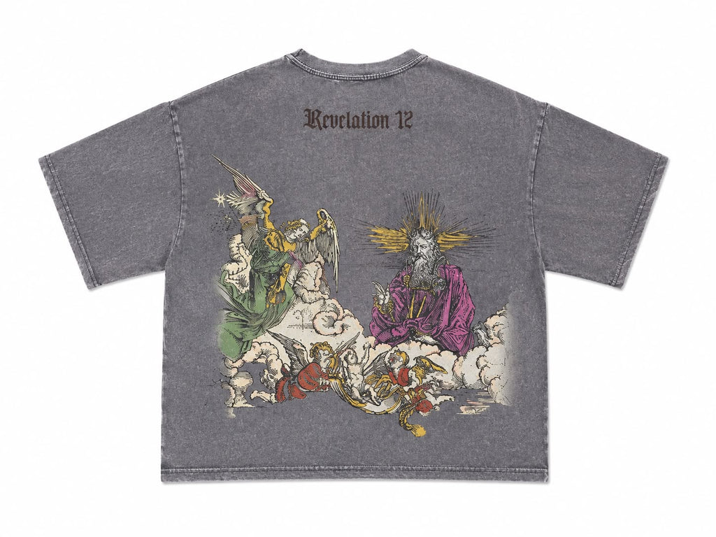 Men Sovereign Revelation 12 Graphic Tee - Washed Gothic Angel & Demon T-Shirt