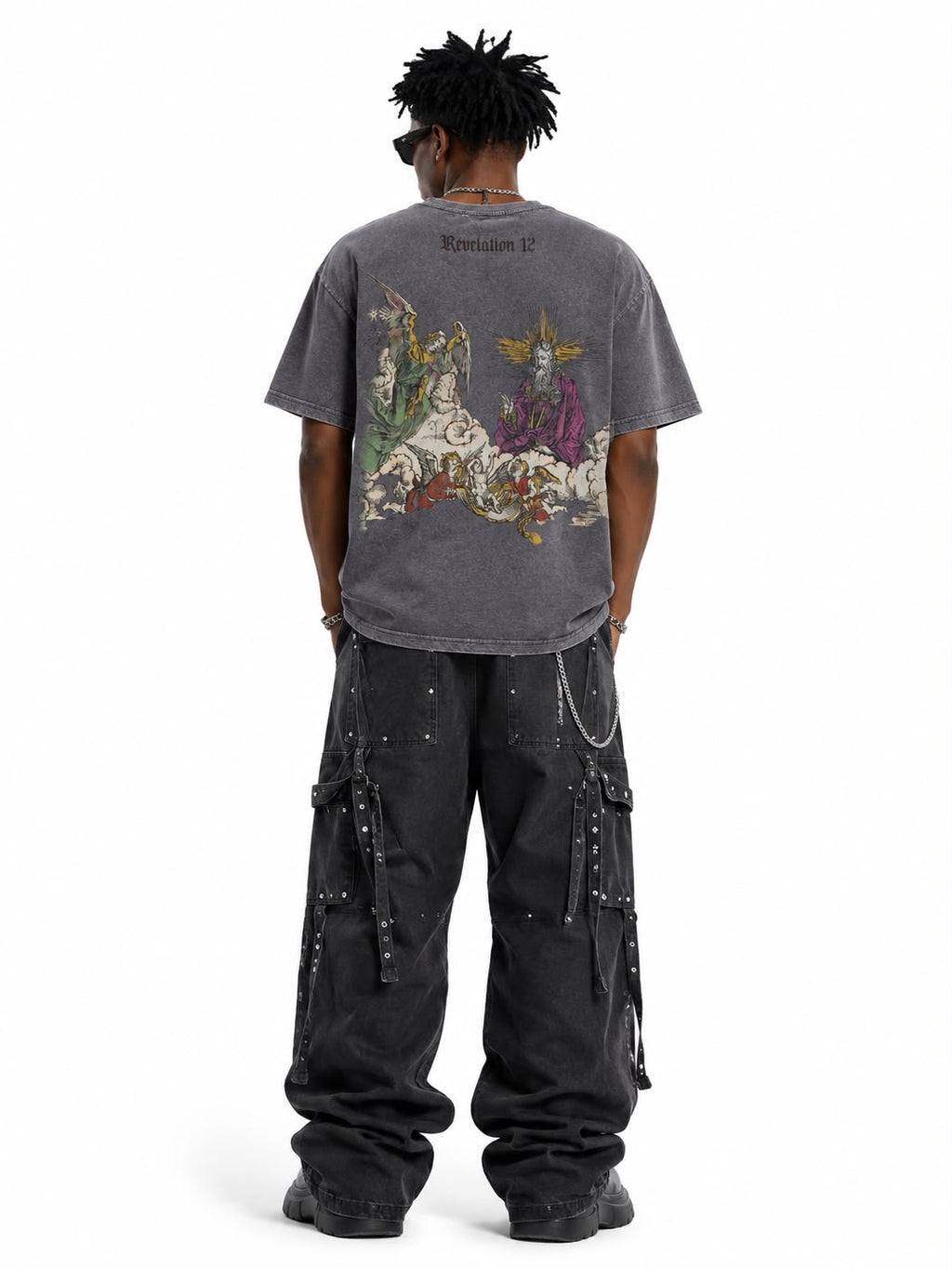 Men Sovereign Revelation 12 Graphic Tee - Washed Gothic Angel & Demon T-Shirt