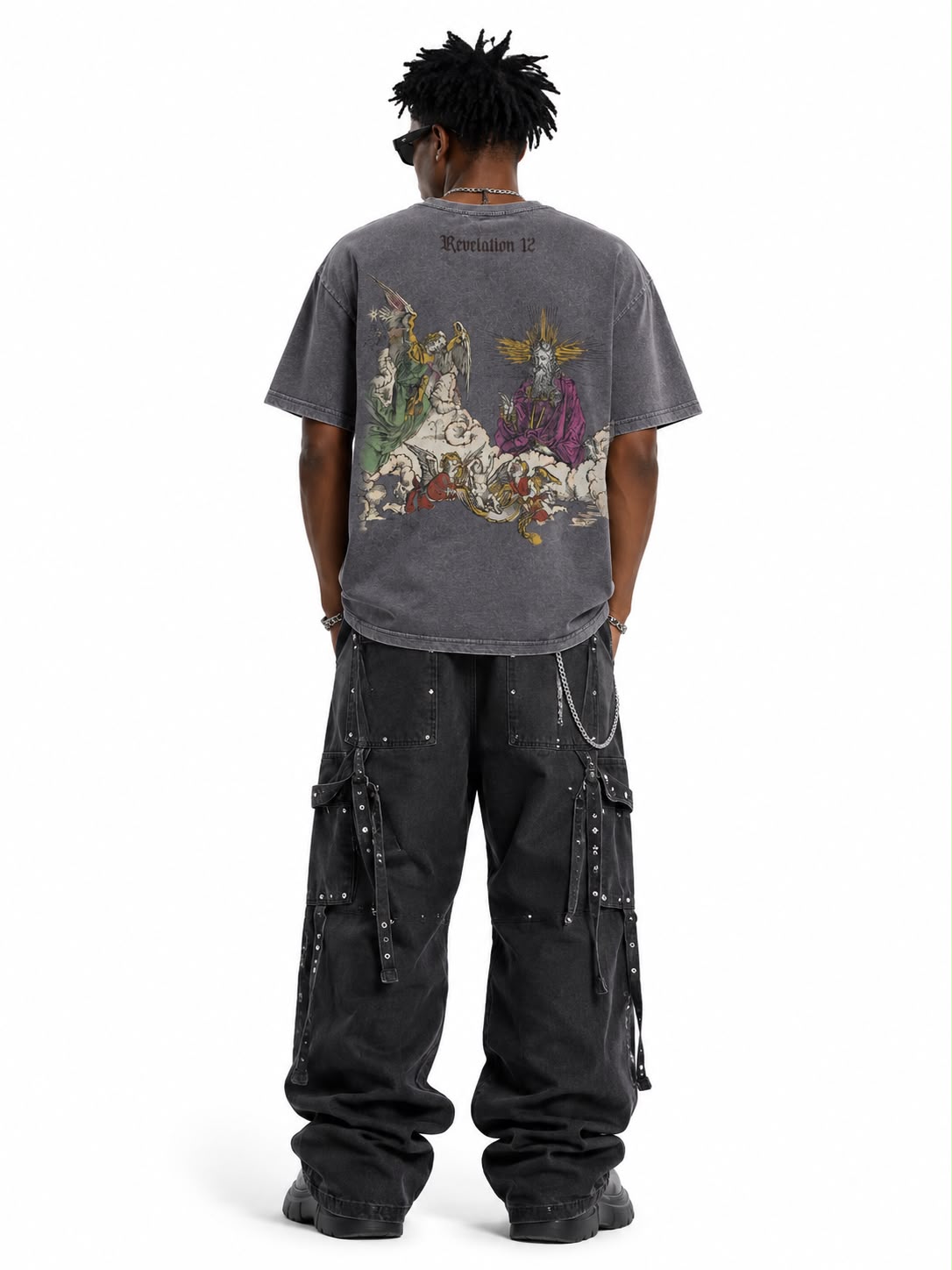 Men Sovereign Revelation 12 Graphic Tee - Washed Gothic Angel & Demon T-Shirt