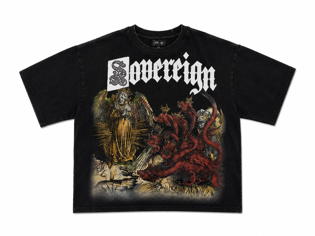 Men Sovereign Revelation 12 Graphic Tee - Washed Gothic Angel & Demon T-Shirt